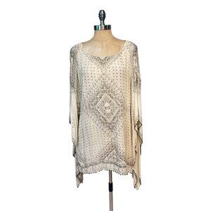 Chicos Clariza Oversize Poncho S/M Beige/Brown Geometric Print Beaded Trim NWT